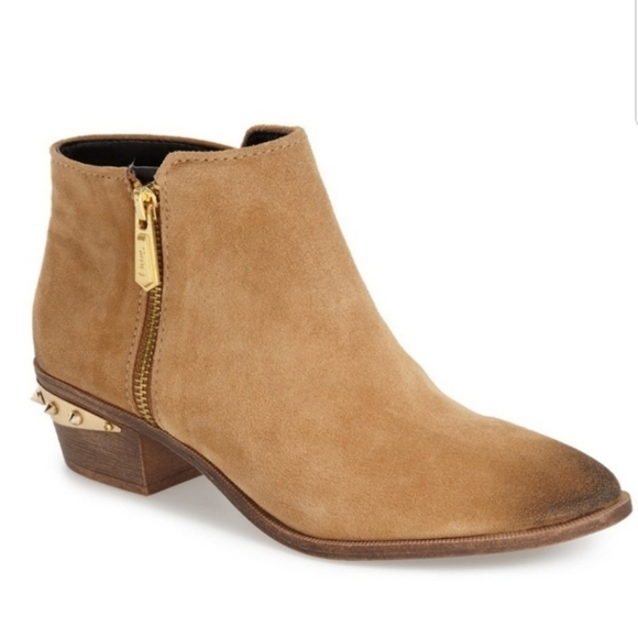 Leather low heel  booties with gold spikes on heel - Picture 7 of 8